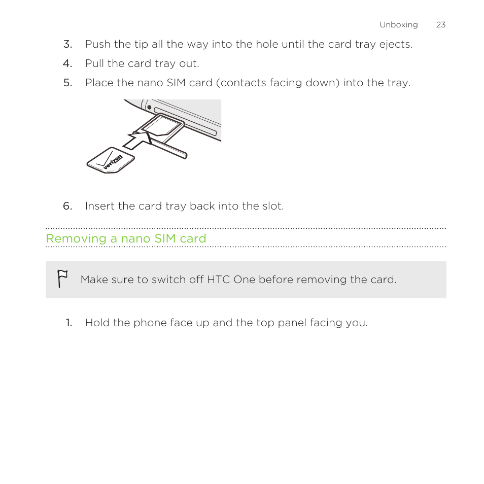 Removing a nano sim card | HTC One M8 for Windows User Manual | Page 23 / 204