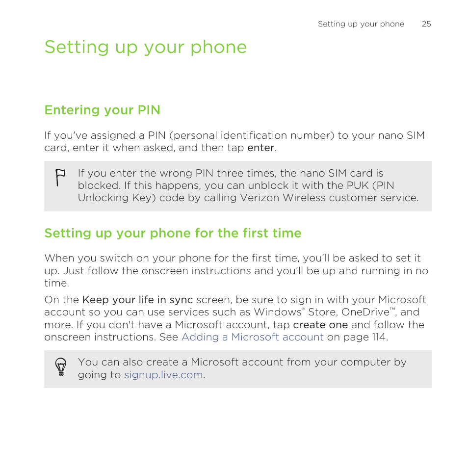 Setting up your phone, Entering your pin, Setting up your phone for the first time | HTC One M8 for Windows User Manual | Page 25 / 204