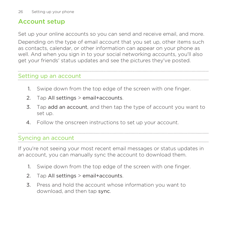 Account setup, Setting up an account, Syncing an account | HTC One M8 for Windows User Manual | Page 26 / 204