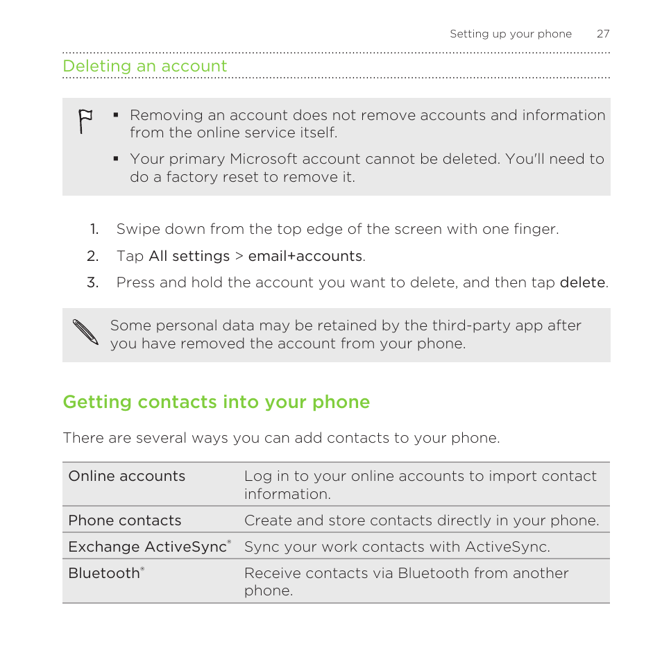 Deleting an account, Getting contacts into your phone | HTC One M8 for Windows User Manual | Page 27 / 204