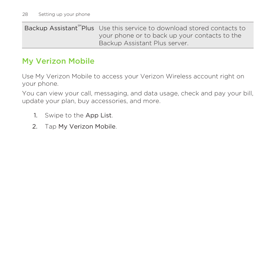 My verizon mobile | HTC One M8 for Windows User Manual | Page 28 / 204