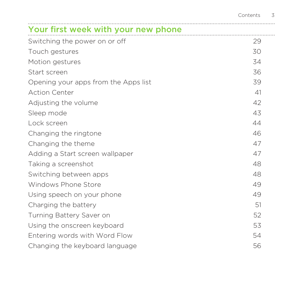 Your first week with your new phone | HTC One M8 for Windows User Manual | Page 3 / 204