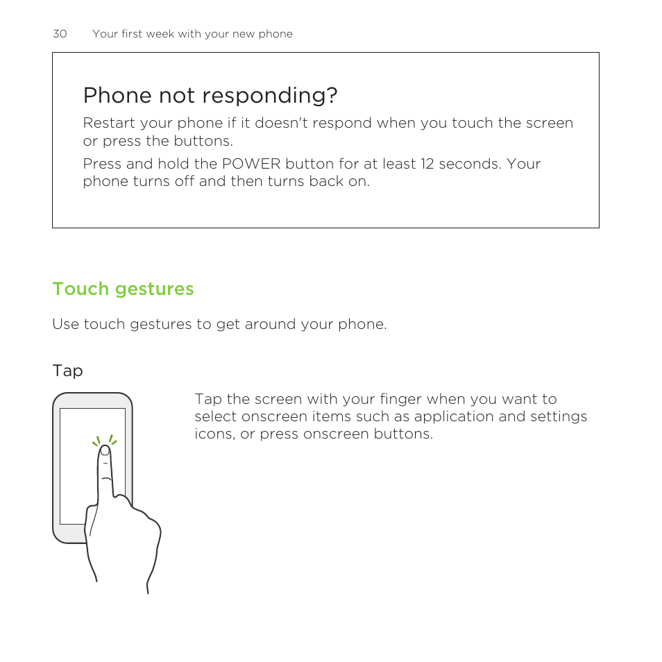 Phone not responding, Touch gestures | HTC One M8 for Windows User Manual | Page 30 / 204