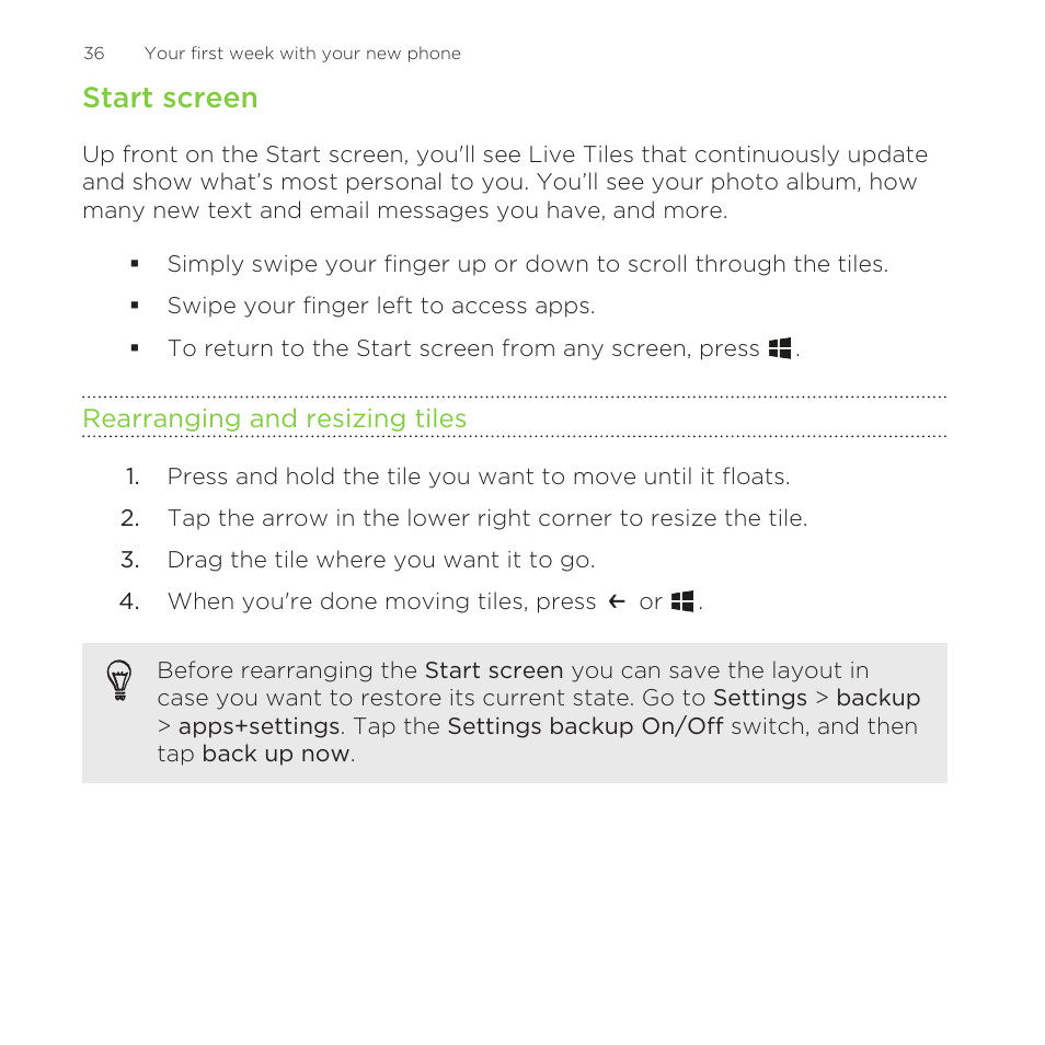 Start screen, Rearranging and resizing tiles | HTC One M8 for Windows User Manual | Page 36 / 204