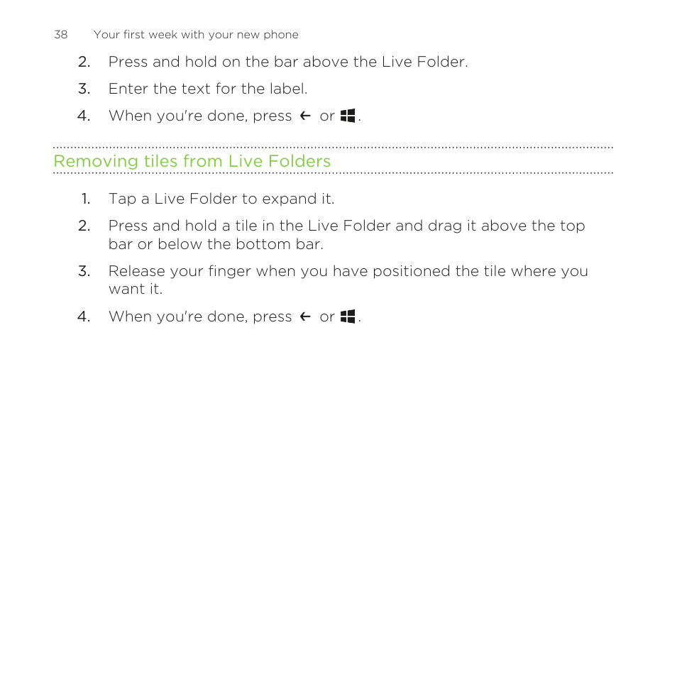 Removing tiles from live folders | HTC One M8 for Windows User Manual | Page 38 / 204