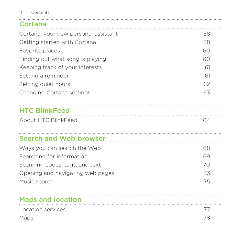 Cortana, Htc blinkfeed, Search and web browser | Maps and location | HTC One M8 for Windows User Manual | Page 4 / 204