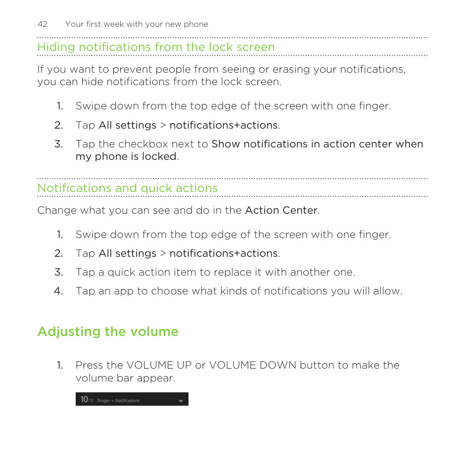 Hiding notifications from the lock screen, Notifications and quick actions, Adjusting the volume | HTC One M8 for Windows User Manual | Page 42 / 204