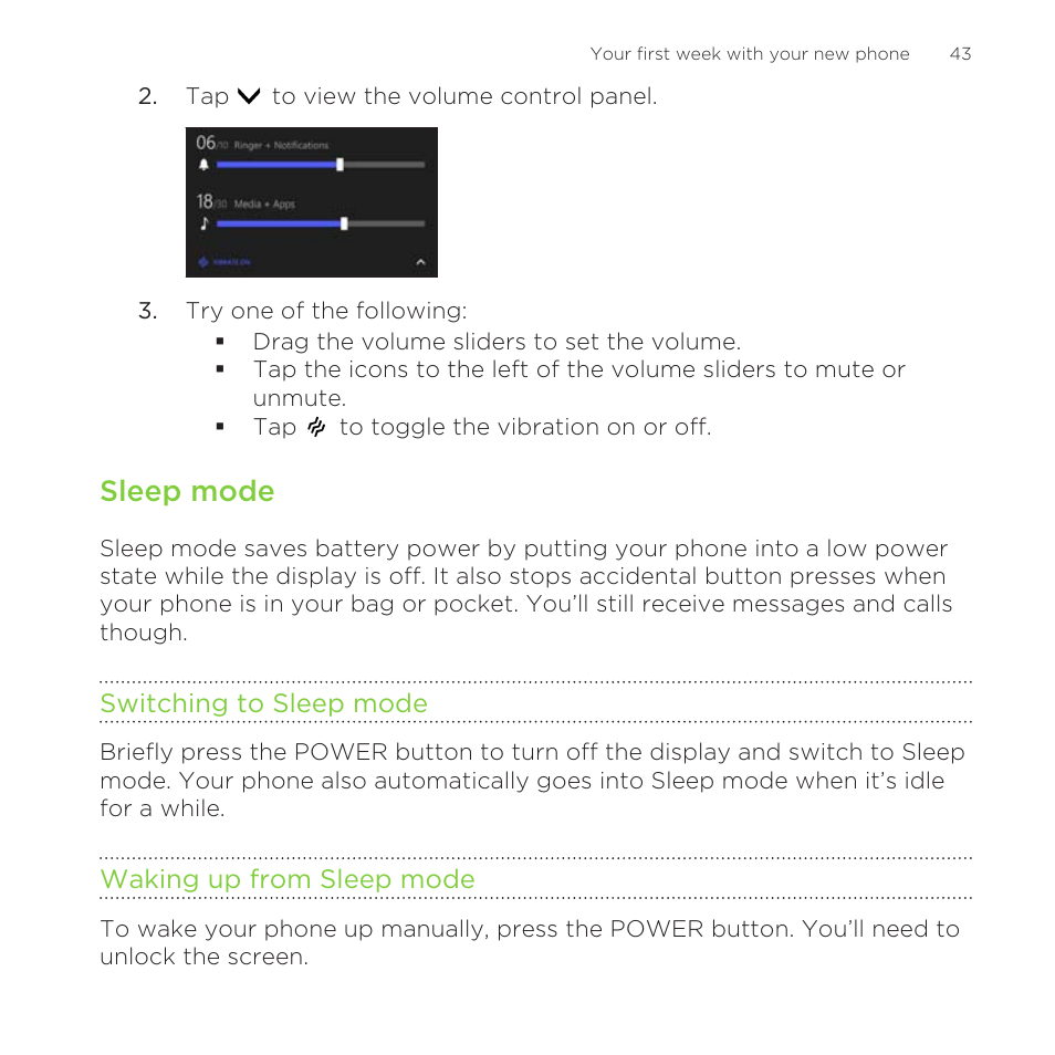 Sleep mode, Switching to sleep mode, Waking up from sleep mode | HTC One M8 for Windows User Manual | Page 43 / 204