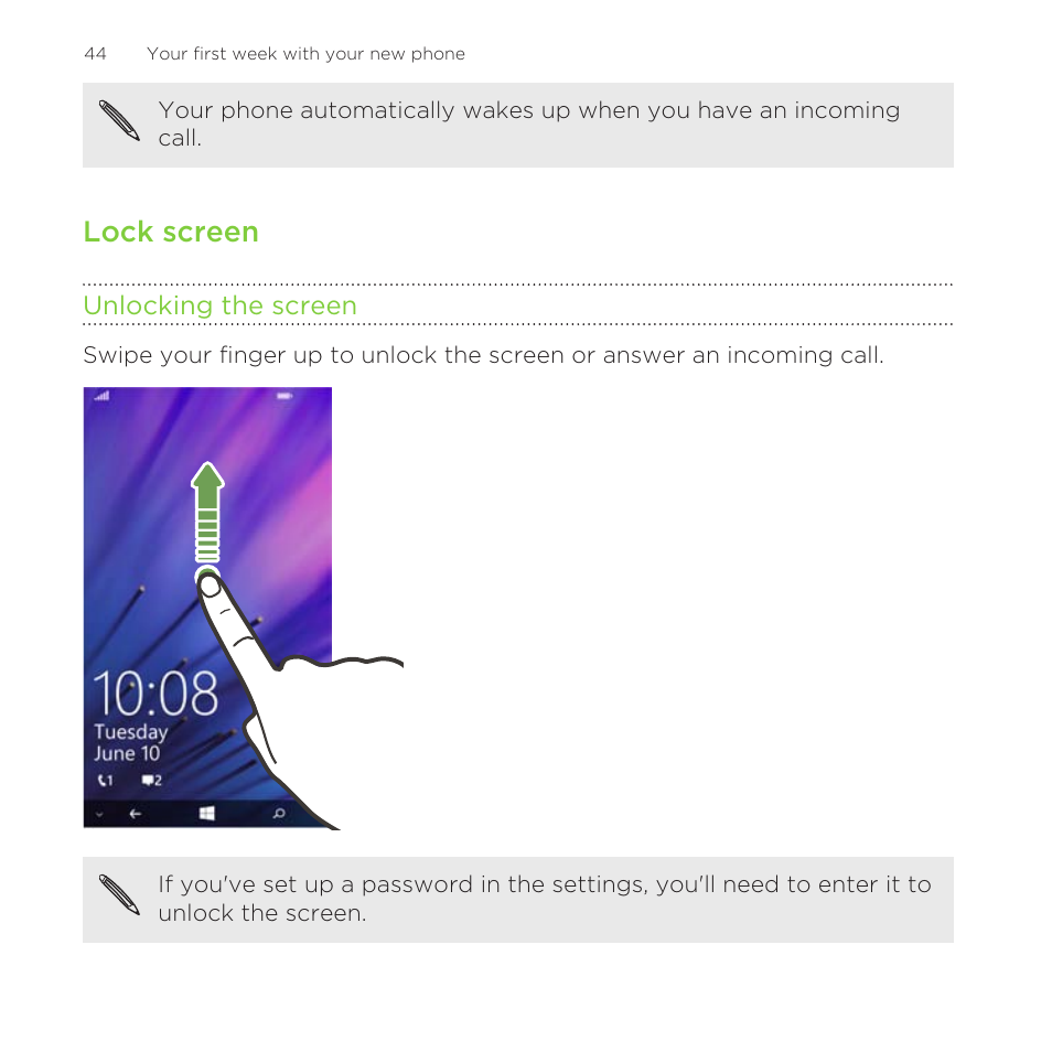 Lock screen, Unlocking the screen | HTC One M8 for Windows User Manual | Page 44 / 204