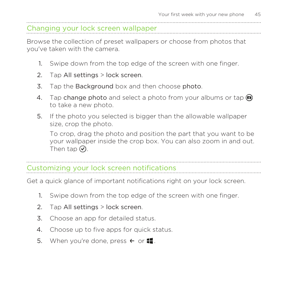 Changing your lock screen wallpaper, Customizing your lock screen notifications | HTC One M8 for Windows User Manual | Page 45 / 204