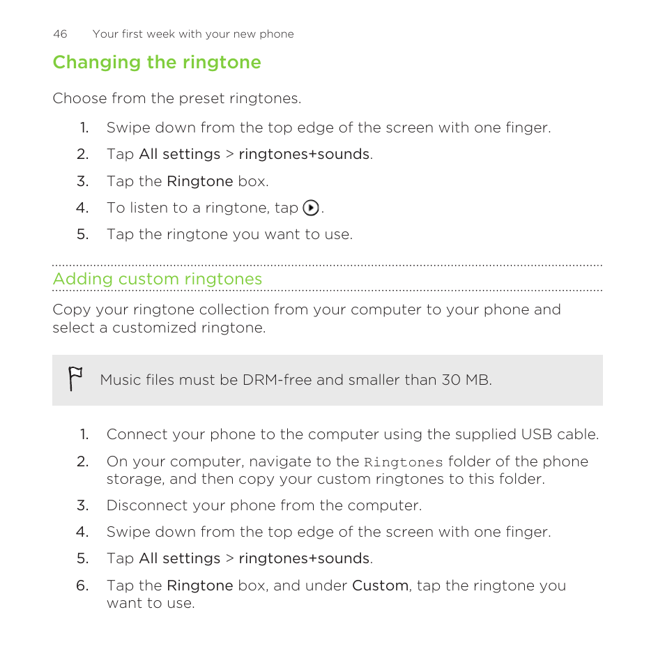 Changing the ringtone, Adding custom ringtones | HTC One M8 for Windows User Manual | Page 46 / 204