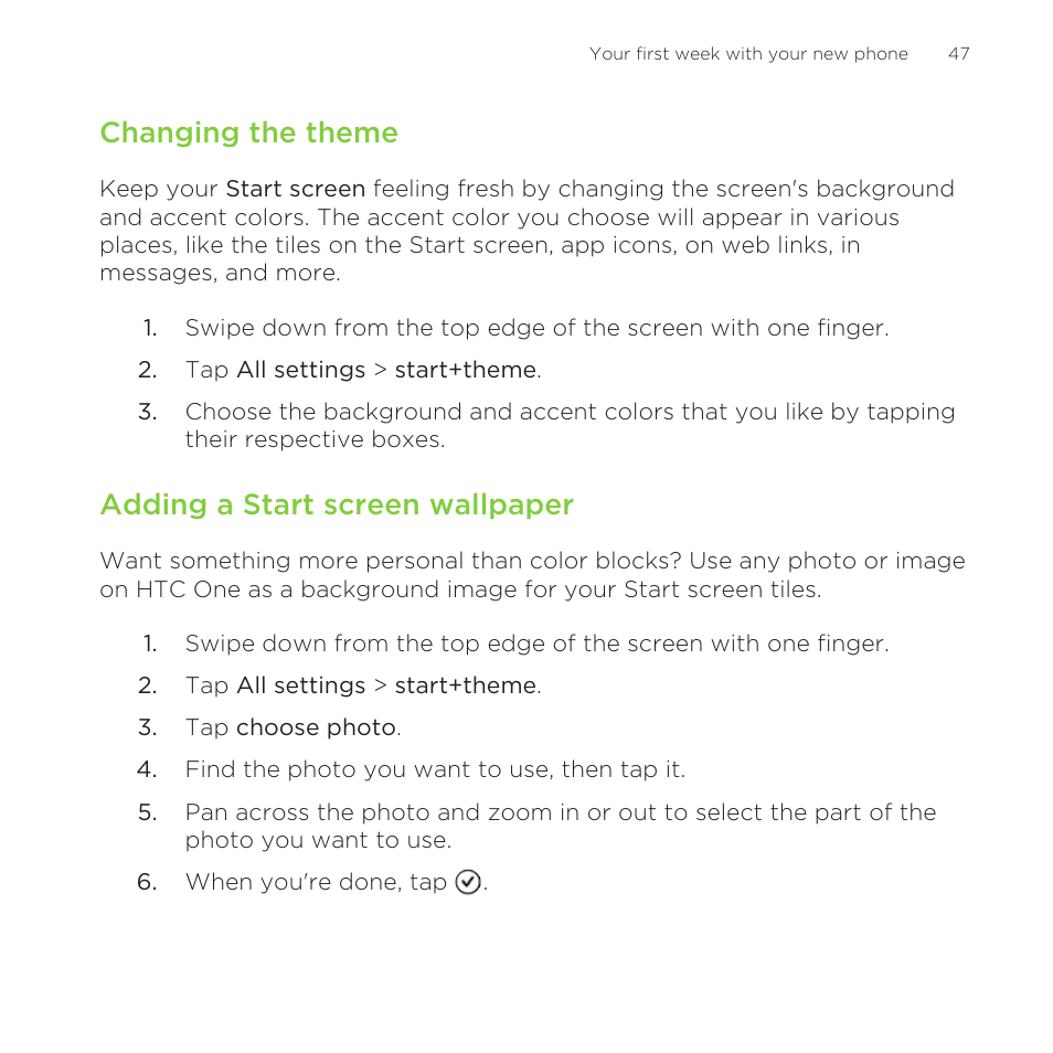 Changing the theme, Adding a start screen wallpaper | HTC One M8 for Windows User Manual | Page 47 / 204