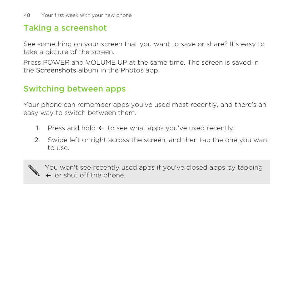 Taking a screenshot, Switching between apps | HTC One M8 for Windows User Manual | Page 48 / 204