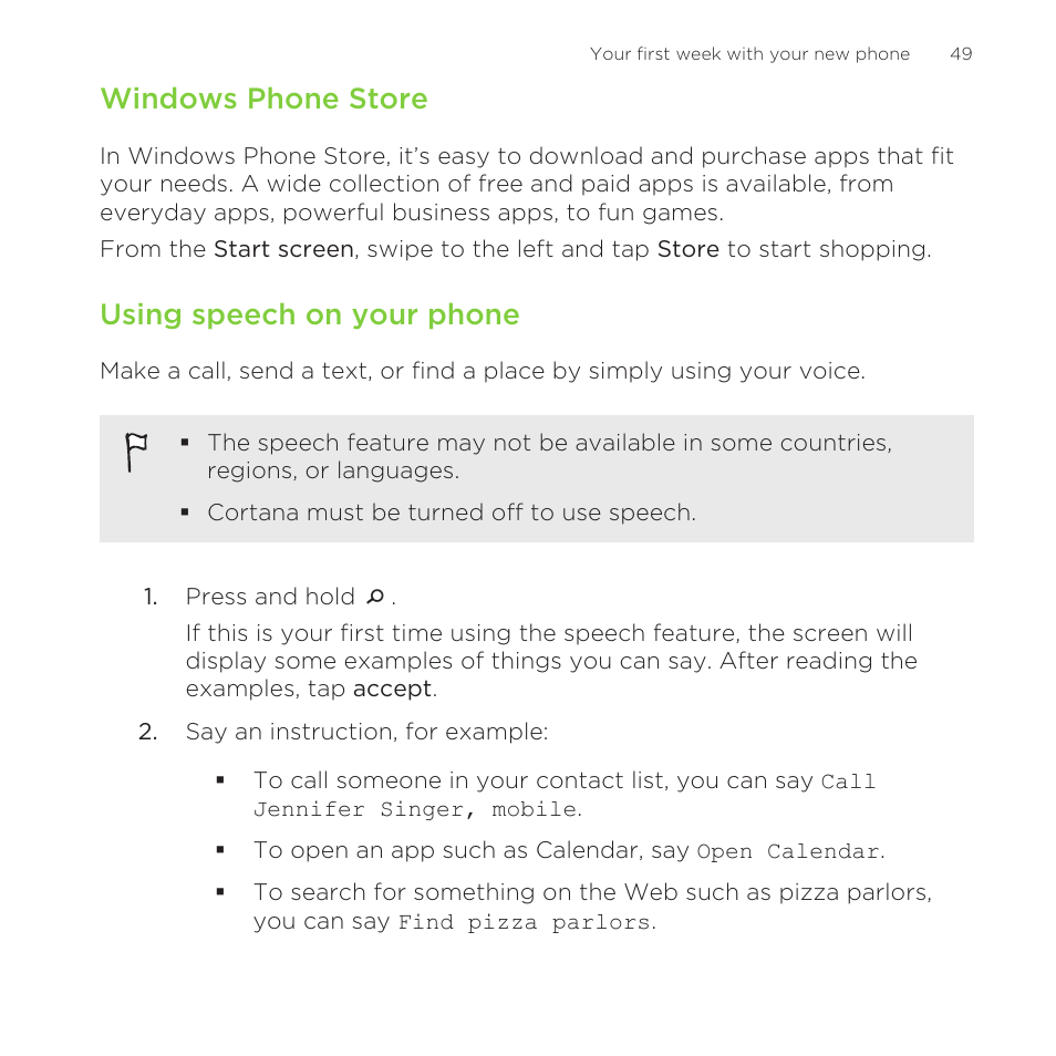Windows phone store, Using speech on your phone | HTC One M8 for Windows User Manual | Page 49 / 204