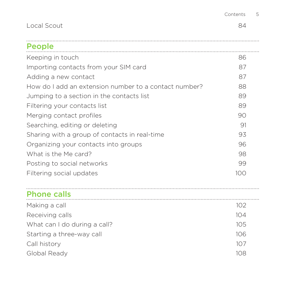 People, Phone calls | HTC One M8 for Windows User Manual | Page 5 / 204