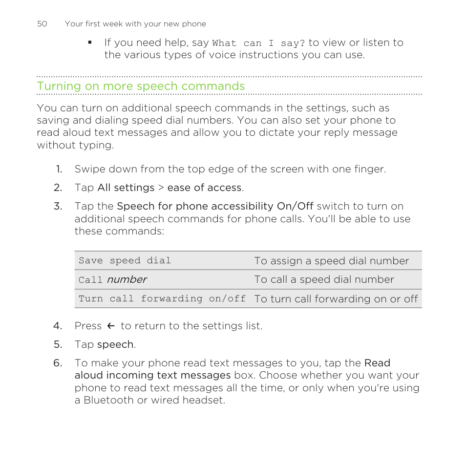 Turning on more speech commands | HTC One M8 for Windows User Manual | Page 50 / 204