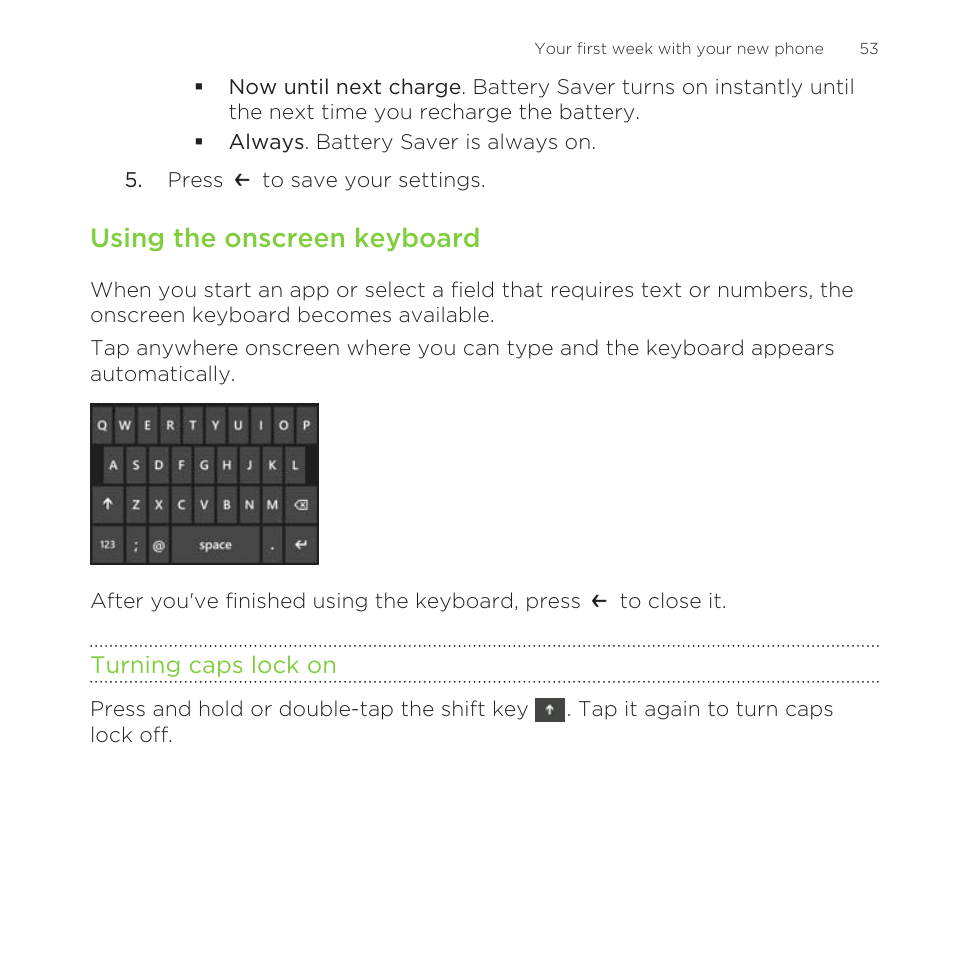 Using the onscreen keyboard, Turning caps lock on | HTC One M8 for Windows User Manual | Page 53 / 204