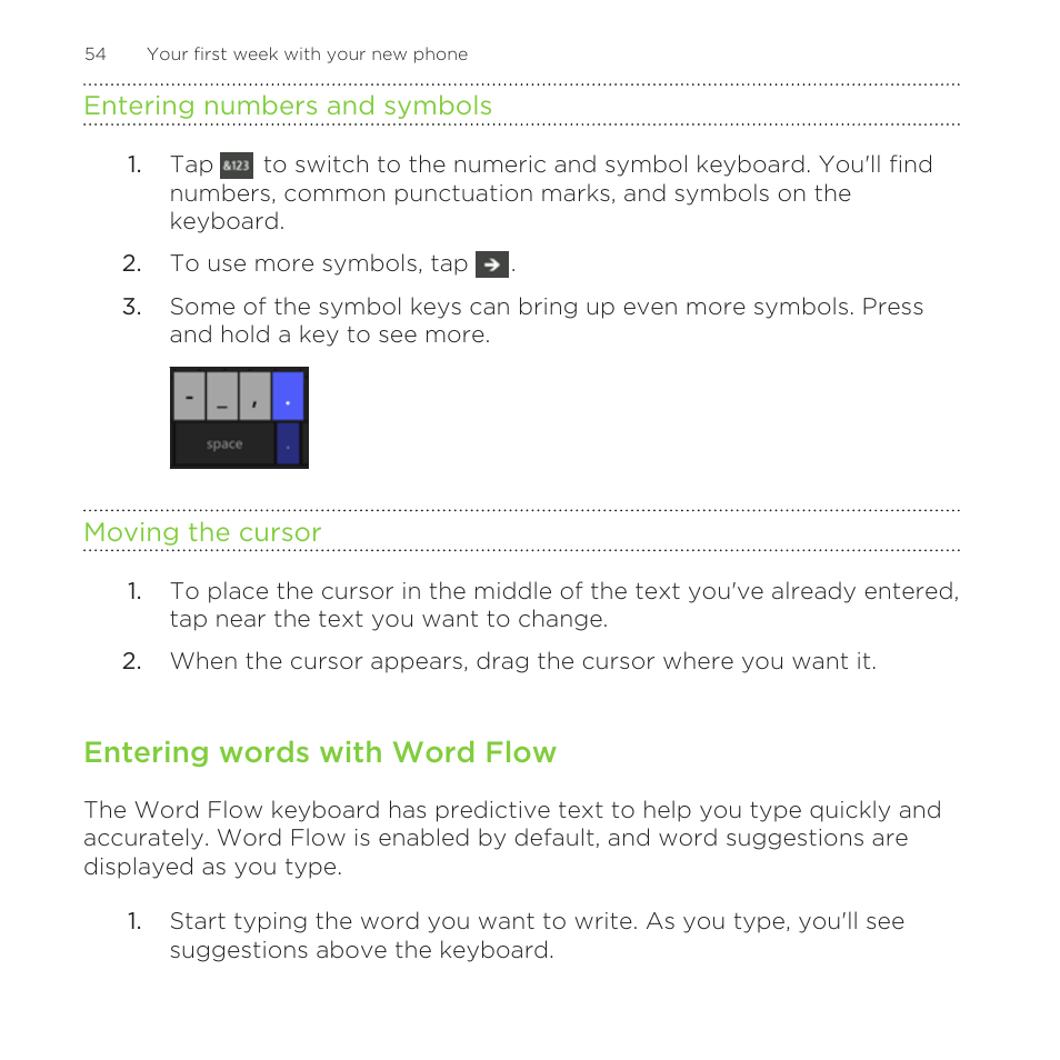Entering numbers and symbols, Moving the cursor, Entering words with word flow | HTC One M8 for Windows User Manual | Page 54 / 204