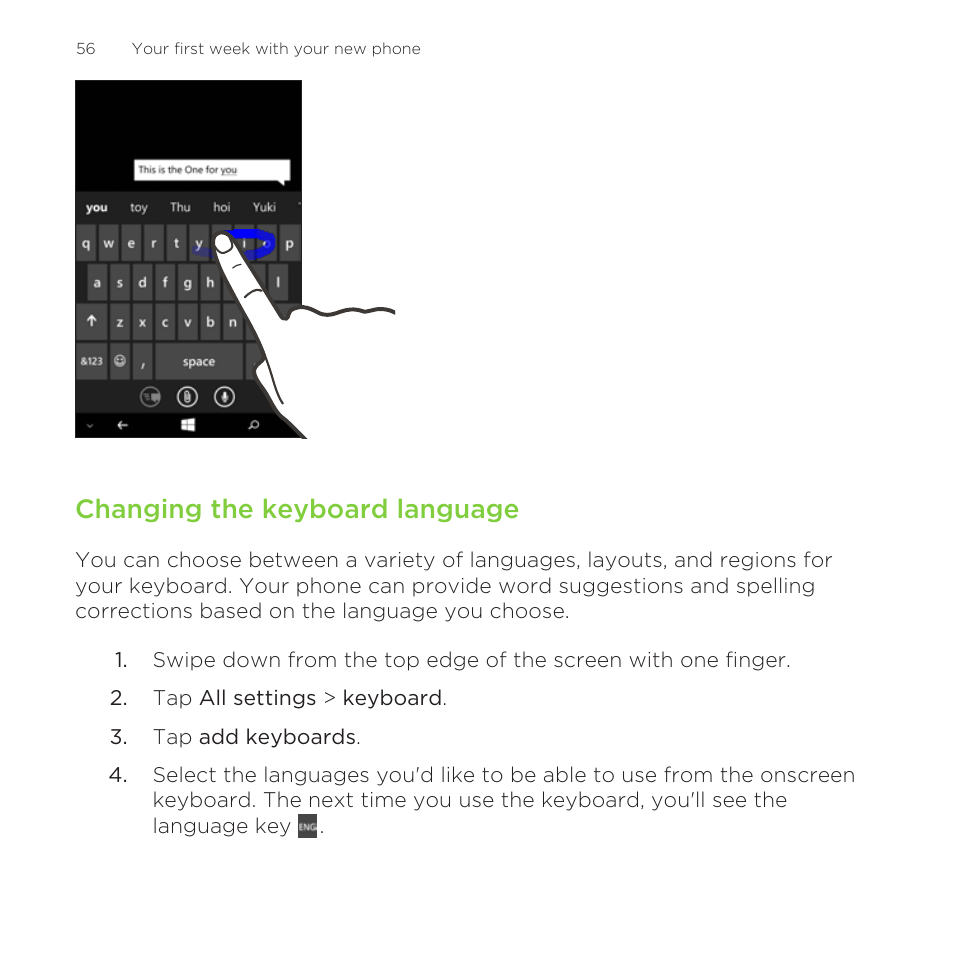 Changing the keyboard language | HTC One M8 for Windows User Manual | Page 56 / 204