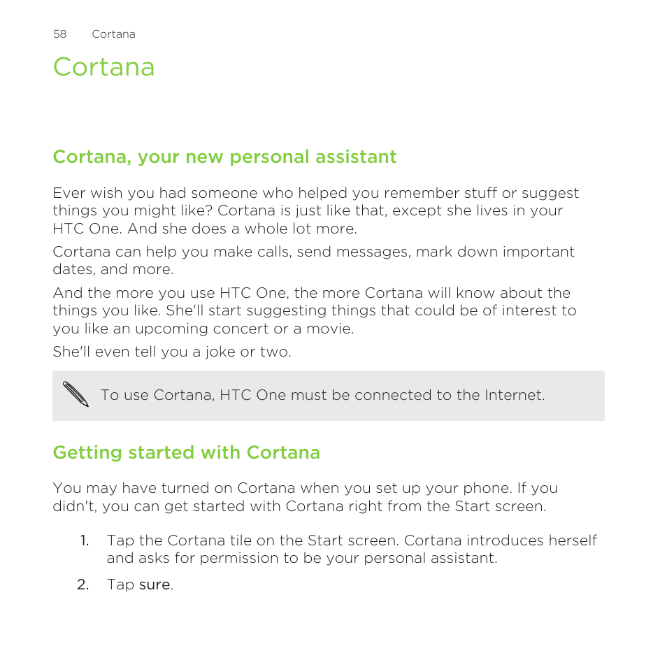 Cortana, Cortana, your new personal assistant, Getting started with cortana | HTC One M8 for Windows User Manual | Page 58 / 204