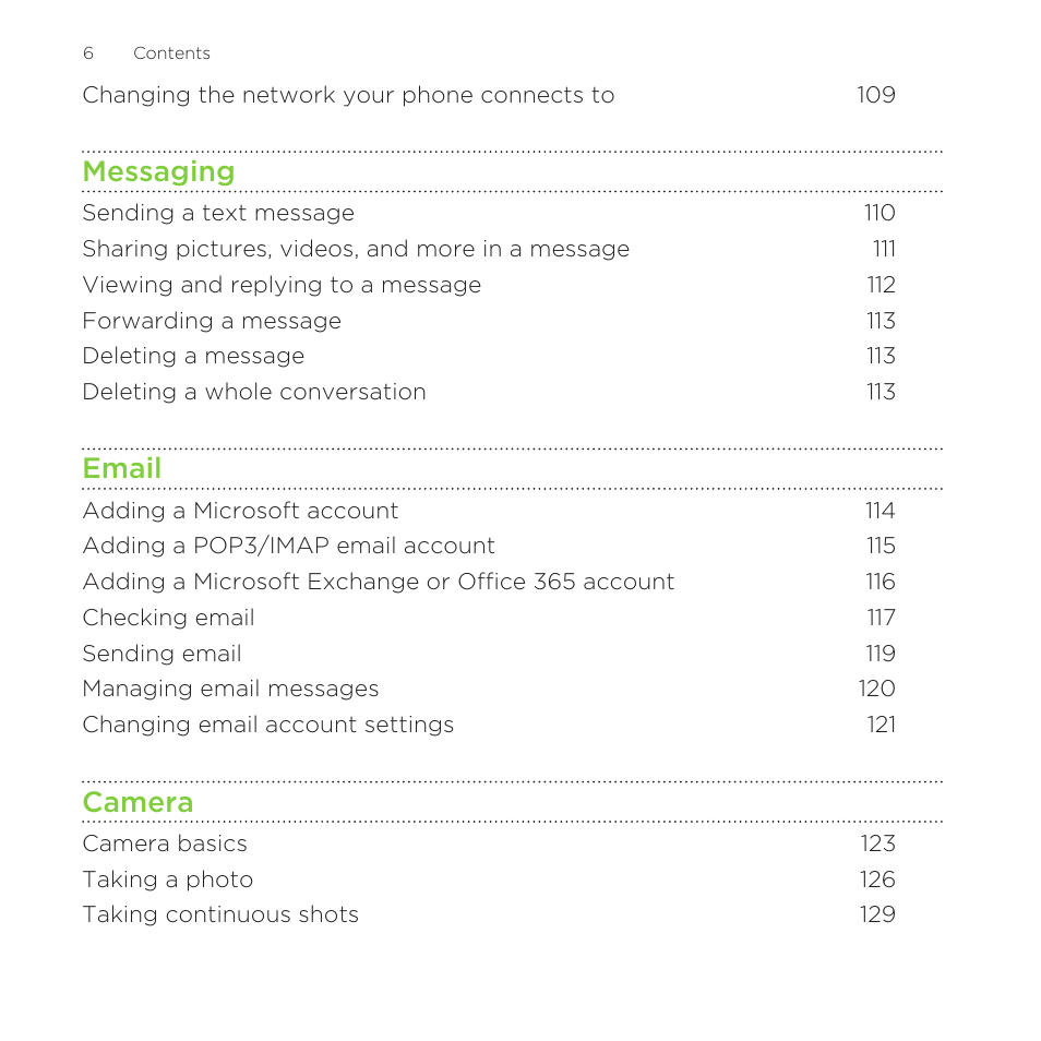 Messaging, Email, Camera | HTC One M8 for Windows User Manual | Page 6 / 204