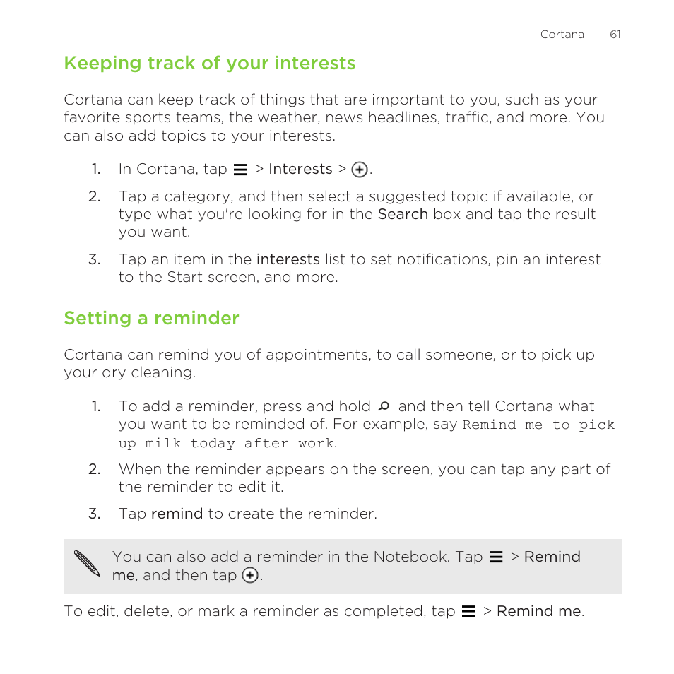 Keeping track of your interests, Setting a reminder | HTC One M8 for Windows User Manual | Page 61 / 204