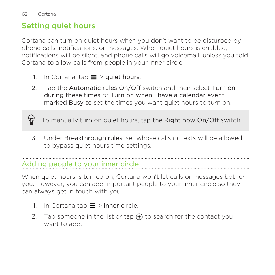 Setting quiet hours, Adding people to your inner circle | HTC One M8 for Windows User Manual | Page 62 / 204