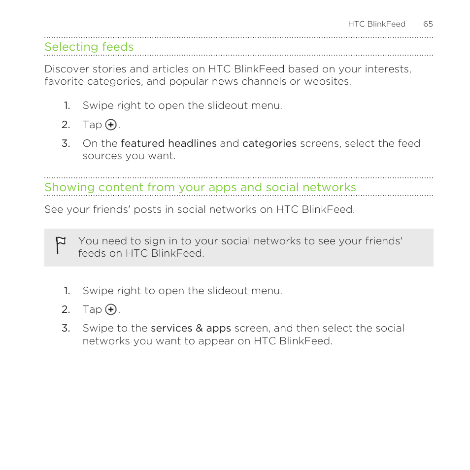 Selecting feeds, Showing content from your apps and social networks | HTC One M8 for Windows User Manual | Page 65 / 204