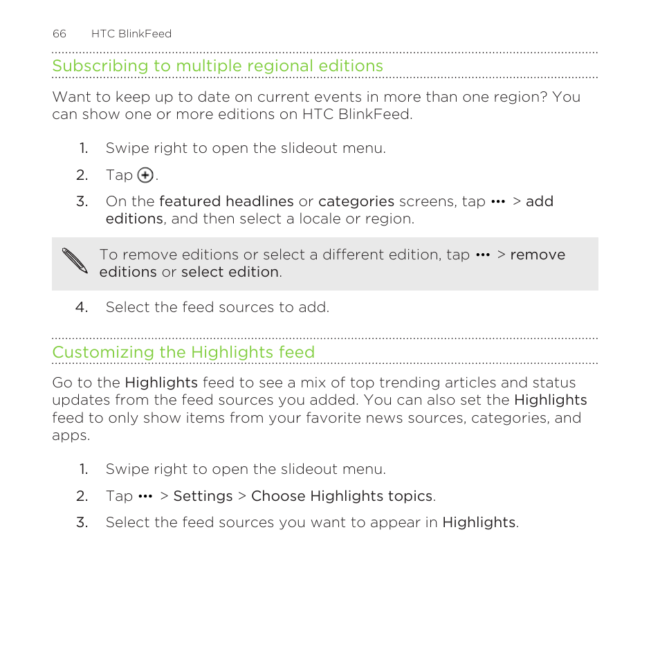 Subscribing to multiple regional editions, Customizing the highlights feed | HTC One M8 for Windows User Manual | Page 66 / 204