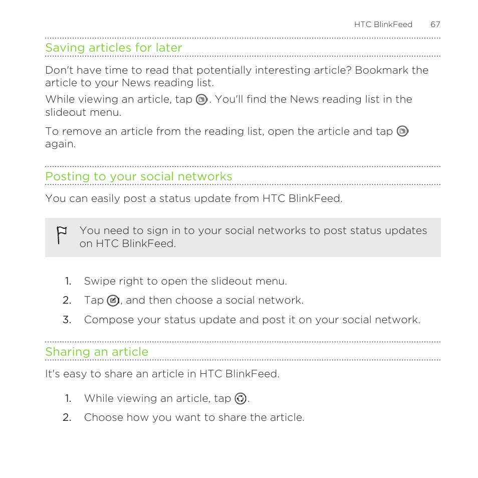 Saving articles for later, Posting to your social networks, Sharing an article | HTC One M8 for Windows User Manual | Page 67 / 204