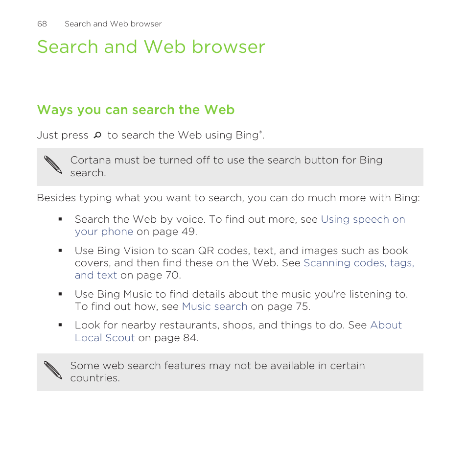 Search and web browser, Ways you can search the web | HTC One M8 for Windows User Manual | Page 68 / 204