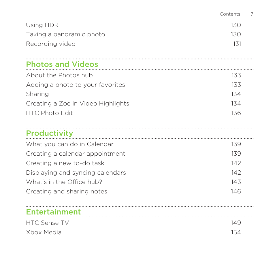 Photos and videos, Productivity, Entertainment | HTC One M8 for Windows User Manual | Page 7 / 204