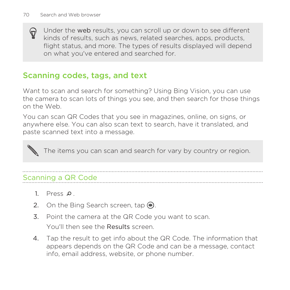 Scanning codes, tags, and text, Scanning a qr code, Covers, and then find these on the web. see | Scanning codes, tags, And text | HTC One M8 for Windows User Manual | Page 70 / 204