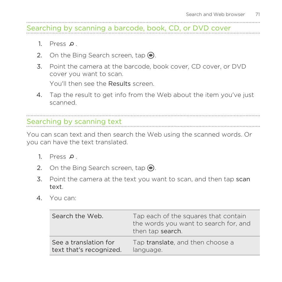 Searching by scanning text | HTC One M8 for Windows User Manual | Page 71 / 204