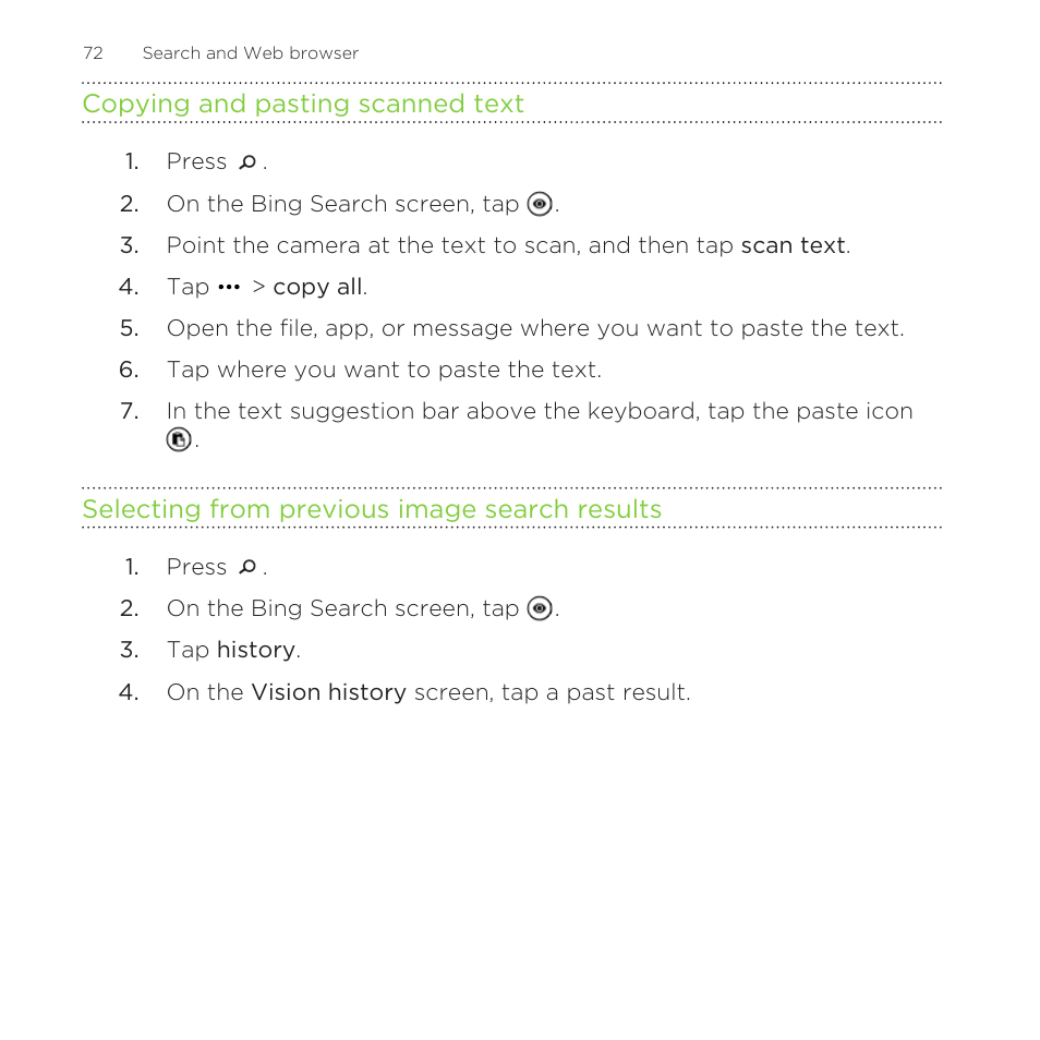 Copying and pasting scanned text, Selecting from previous image search results | HTC One M8 for Windows User Manual | Page 72 / 204