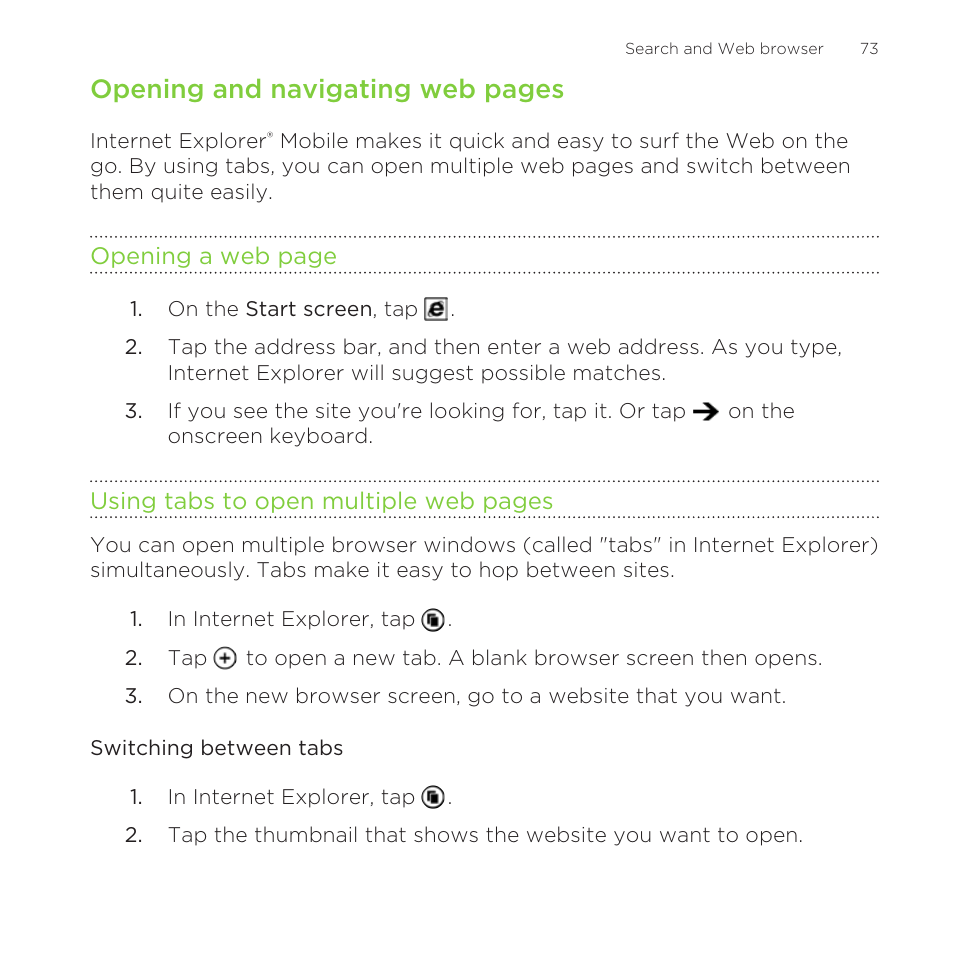 Switching between tabs, Opening and navigating web pages | HTC One M8 for Windows User Manual | Page 73 / 204