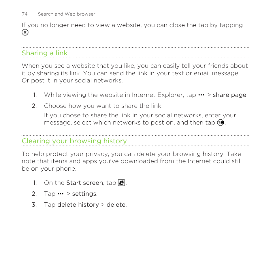 Sharing a link, Clearing your browsing history | HTC One M8 for Windows User Manual | Page 74 / 204