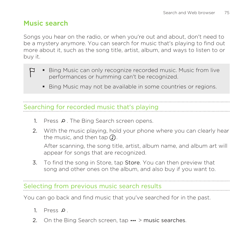 Music search, Searching for recorded music that's playing, Selecting from previous music search results | HTC One M8 for Windows User Manual | Page 75 / 204