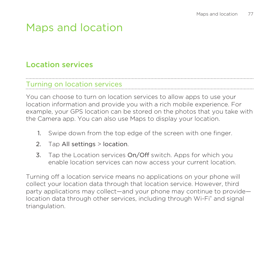 Maps and location, Location services, Turning on location services | HTC One M8 for Windows User Manual | Page 77 / 204