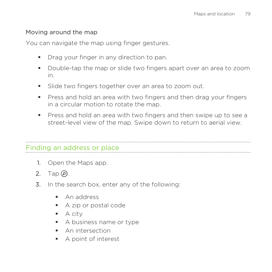 Moving around the map, Finding an address or place | HTC One M8 for Windows User Manual | Page 79 / 204