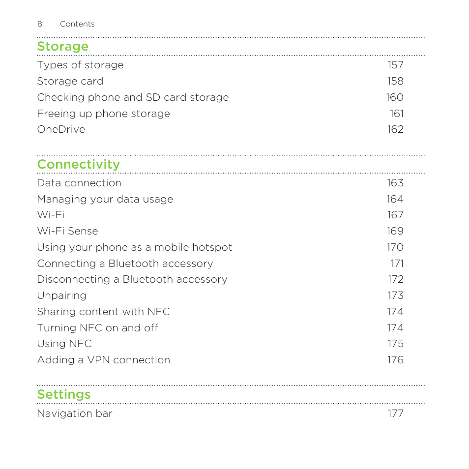 Storage, Connectivity, Settings | HTC One M8 for Windows User Manual | Page 8 / 204