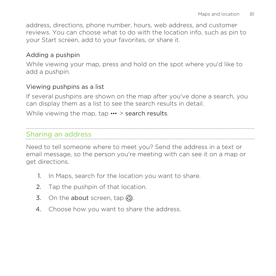 Adding a pushpin, Viewing pushpins as a list, Sharing an address | HTC One M8 for Windows User Manual | Page 81 / 204