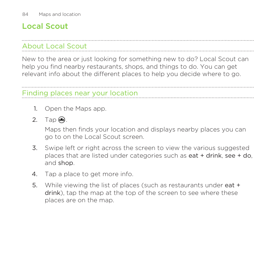 Local scout, About local scout, Finding places near your location | About | HTC One M8 for Windows User Manual | Page 84 / 204