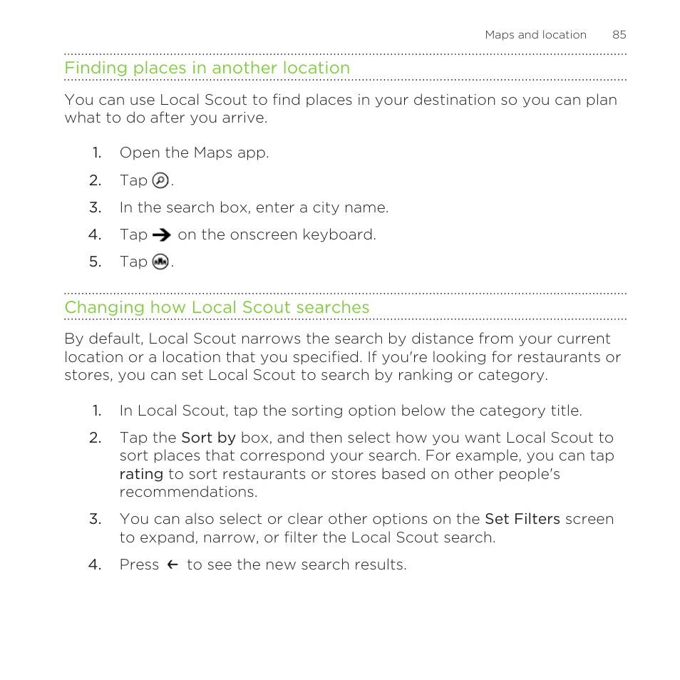 Finding places in another location, Changing how local scout searches | HTC One M8 for Windows User Manual | Page 85 / 204
