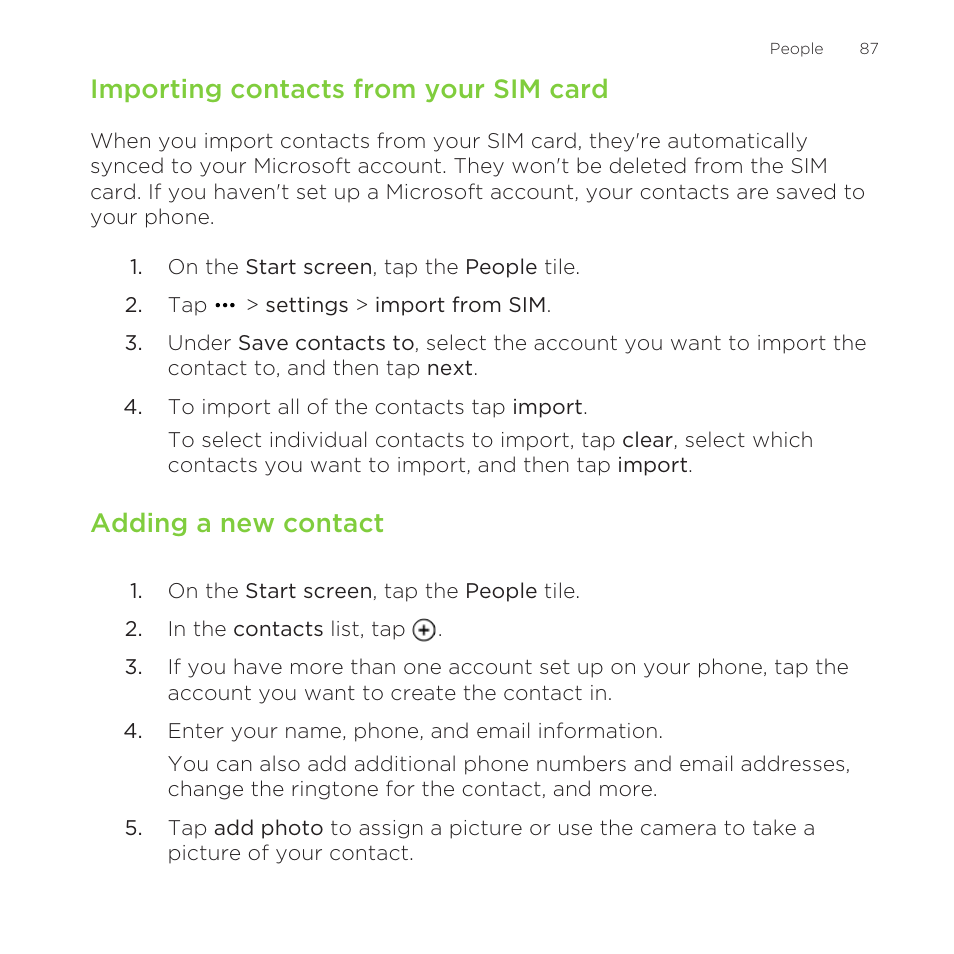 Importing contacts from your sim card, Adding a new contact | HTC One M8 for Windows User Manual | Page 87 / 204