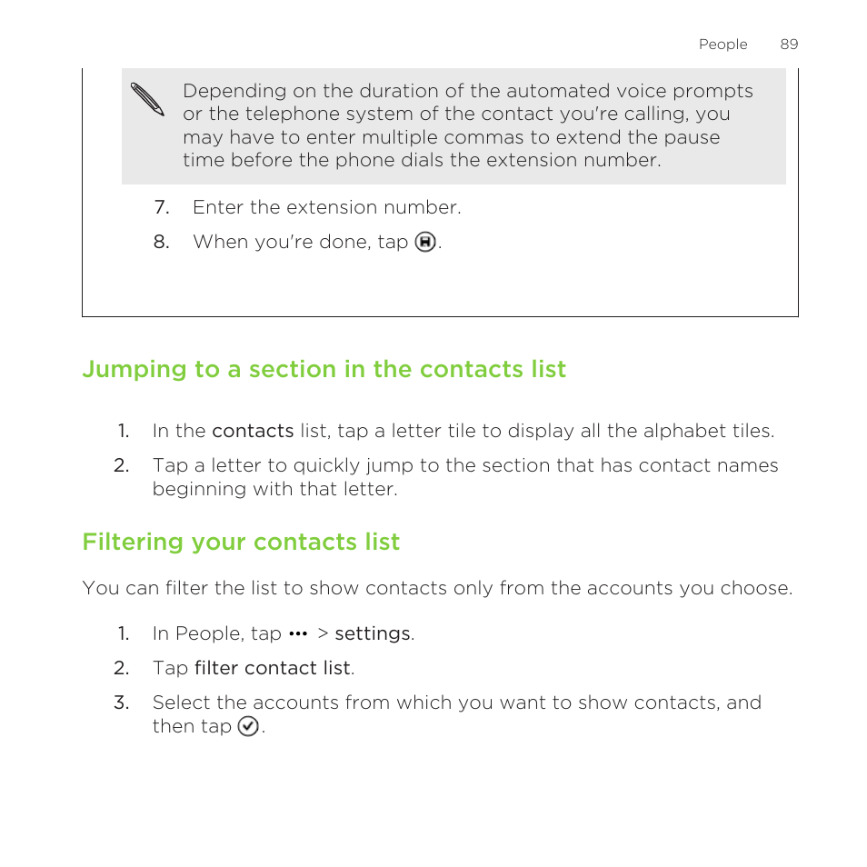 Jumping to a section in the contacts list, Filtering your contacts list | HTC One M8 for Windows User Manual | Page 89 / 204