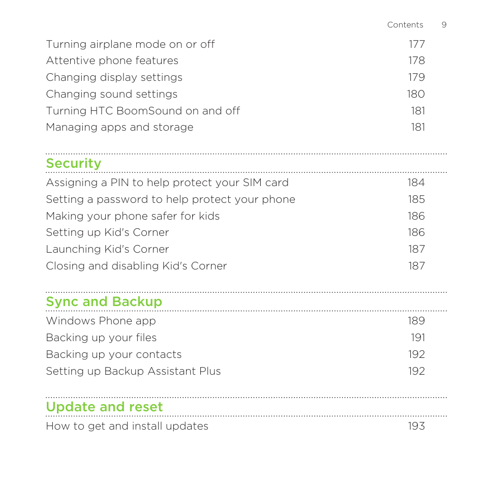 Security, Sync and backup, Update and reset | HTC One M8 for Windows User Manual | Page 9 / 204