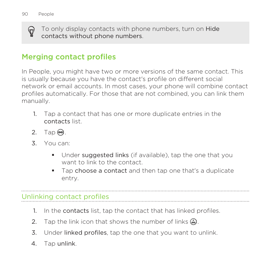 Merging contact profiles, Unlinking contact profiles | HTC One M8 for Windows User Manual | Page 90 / 204