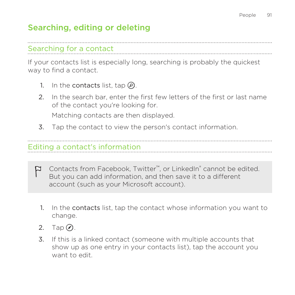 Searching, editing or deleting, Searching for a contact, Editing a contact's information | HTC One M8 for Windows User Manual | Page 91 / 204