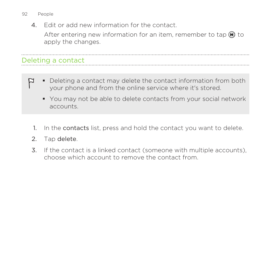 Deleting a contact | HTC One M8 for Windows User Manual | Page 92 / 204